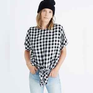 Madewell Button-Back Tie top, black and white buffalo plaid, size small